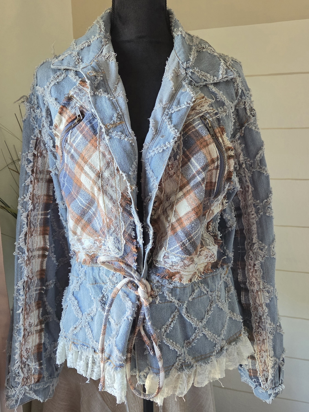 POL Denim Jacket S Boho Distressed Western Lace Fringe Lattice Cowgirl Shacket